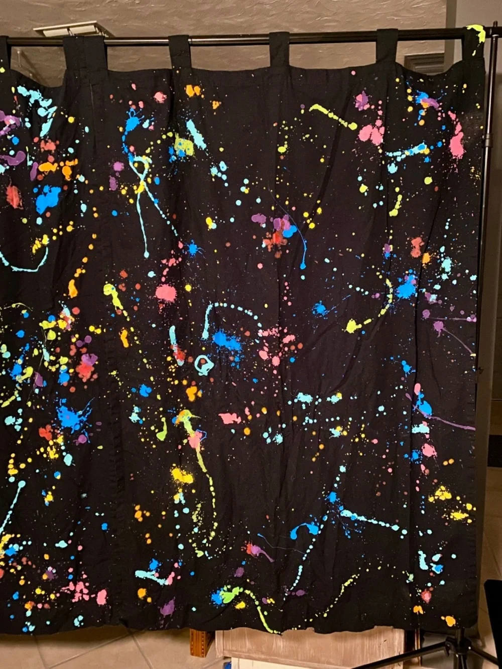 🫟 38 x 78 or 41 x 61 Black Curtains 😎 2 Panels in each set 💥 80’s Splat Neon